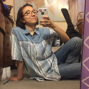 Vintage Striped Denim Short Sleeve Button-up
